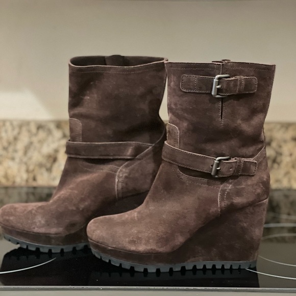 Prada Shoes - PRADA Double Buckle Suede Wedge Boot.38.5